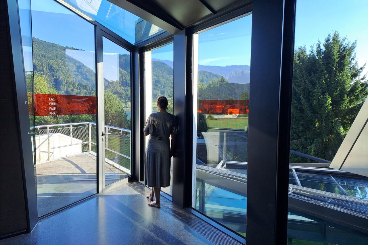 Look outside the Steinhaus, text on red gels